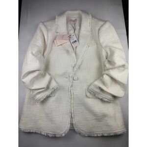 Cinq a Sept Boucle Khloe Blazer 12 Gardenia White Ruched Sleeve Fringe Trim NWT